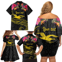 Kiribati Independence Day Personalised Family Matching Off Shoulder Short Dress and Hawaiian Shirt Gold Frigatebird with Polynesian Pattern