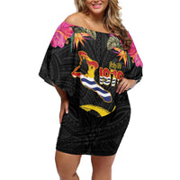 Kiribati Independence Day Personalised Family Matching Off Shoulder Short Dress and Hawaiian Shirt Gold Frigatebird with Polynesian Pattern
