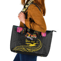 Kiribati Independence Day Personalised Leather Tote Bag Gold Frigatebird with Polynesian Pattern
