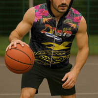 Kiribati Independence Day Personalised Sleeveless Zip Hoodie Gold Frigatebird with Polynesian Pattern - Polynesian Pride