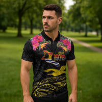 Kiribati Independence Day Personalised Zipper Polo Shirt Gold Frigatebird with Polynesian Pattern - Polynesian Pride