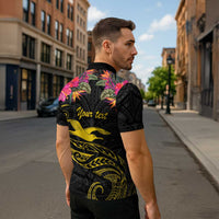 Kiribati Independence Day Personalised Zipper Polo Shirt Gold Frigatebird with Polynesian Pattern - Polynesian Pride