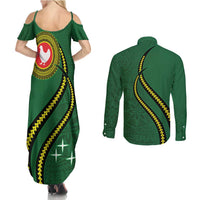 Manua Islands Polynesian Style Couples Matching Summer Maxi Dress and Long Sleeve Button Shirt