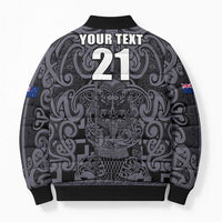 Custom New Zealand Taiaha Maori Bomber Puffer Jacket Minimalist Silver Fern All Black - Polynesian Pride