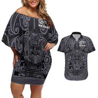 Custom New Zealand Taiaha Maori Couples Matching Off Shoulder Short Dress and Hawaiian Shirt Minimalist Silver Fern All Black - Polynesian Pride