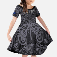 Custom New Zealand Taiaha Maori Family Matching Off The Shoulder Long Sleeve Dress and Hawaiian Shirt Minimalist Silver Fern All Black LT9 Daughter's Dress Black - Polynesian Pride