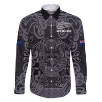 Custom New Zealand Taiaha Maori Family Matching Off The Shoulder Long Sleeve Dress and Hawaiian Shirt Minimalist Silver Fern All Black LT9 Dad's Shirt - Long Sleeve Black - Polynesian Pride