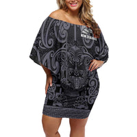 Custom New Zealand Taiaha Maori Family Matching Off Shoulder Short Dress and Hawaiian Shirt Minimalist Silver Fern All Black - Polynesian Pride