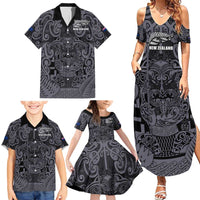 Custom New Zealand Taiaha Maori Family Matching Summer Maxi Dress and Hawaiian Shirt Minimalist Silver Fern All Black LT9 - Polynesian Pride
