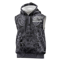 Custom New Zealand Taiaha Maori Sleeveless Hoodie Minimalist Silver Fern All Black - Polynesian Pride