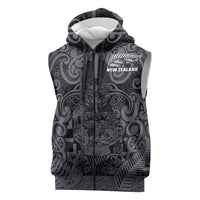 Custom New Zealand Taiaha Maori Sleeveless Zip Hoodie Minimalist Silver Fern All Black LT9 Black - Polynesian Pride
