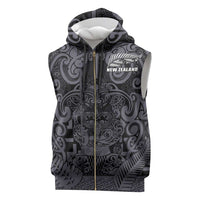 Custom New Zealand Taiaha Maori Sleeveless Zip Hoodie Minimalist Silver Fern All Black - Polynesian Pride