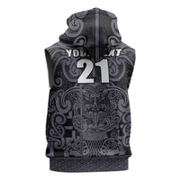 Custom New Zealand Taiaha Maori Sleeveless Zip Hoodie Minimalist Silver Fern All Black LT9 - Polynesian Pride