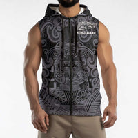 Custom New Zealand Taiaha Maori Sleeveless Zip Hoodie Minimalist Silver Fern All Black LT9 - Polynesian Pride