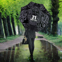 Custom New Zealand Taiaha Maori Umbrella Minimalist Silver Fern All Black - Polynesian Pride