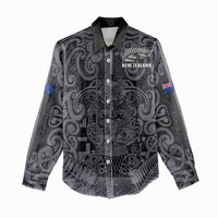 Custom New Zealand Taiaha Maori Women Casual Shirt Minimalist Silver Fern All Black - Polynesian Pride