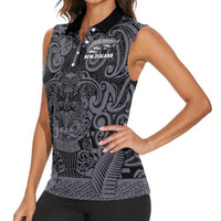 Custom New Zealand Taiaha Maori Women Sleeveless Polo Shirt Minimalist Silver Fern All Black LT9 - Polynesian Pride