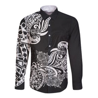 Polynesian Long Sleeve Button Shirt Pacific Flower Mix Floral Tribal Tattoo Black Vibe LT9 Unisex Black - Polynesian Pride