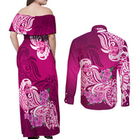 Polynesian Couples Matching Off Shoulder Maxi Dress and Long Sleeve Button Shirts Pacific Flower Mix Floral Tribal Tattoo Pink Vibe LT9 - Polynesian Pride