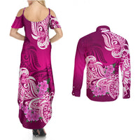 Polynesian Couples Matching Summer Maxi Dress and Long Sleeve Button Shirts Pacific Flower Mix Floral Tribal Tattoo Pink Vibe LT9 - Polynesian Pride