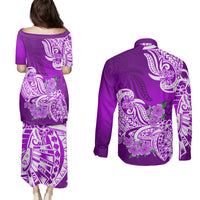 Polynesian Couples Matching Puletasi Dress and Long Sleeve Button Shirts Pacific Flower Mix Floral Tribal Tattoo Purple Vibe LT9 - Polynesian Pride