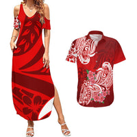 Polynesian Couples Matching Summer Maxi Dress and Hawaiian Shirt Pacific Flower Mix Floral Tribal Tattoo Red Vibe LT9 Red - Polynesian Pride