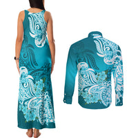 Polynesian Couples Matching Tank Maxi Dress and Long Sleeve Button Shirts Pacific Flower Mix Floral Tribal Tattoo Aqua Vibe LT9 - Polynesian Pride