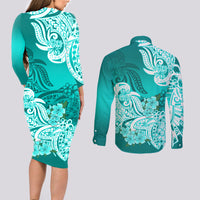 Polynesian Couples Matching Long Sleeve Bodycon Dress and Long Sleeve Button Shirts Pacific Flower Mix Floral Tribal Tattoo Turquoise Vibe LT9 - Polynesian Pride
