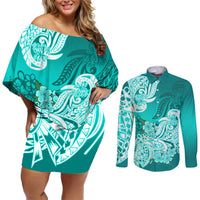 Polynesian Couples Matching Off Shoulder Short Dress and Long Sleeve Button Shirts Pacific Flower Mix Floral Tribal Tattoo Turquoise Vibe LT9 Turquoise - Polynesian Pride