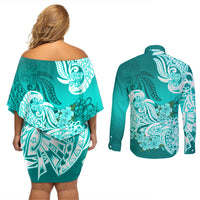 Polynesian Couples Matching Off Shoulder Short Dress and Long Sleeve Button Shirts Pacific Flower Mix Floral Tribal Tattoo Turquoise Vibe LT9 - Polynesian Pride