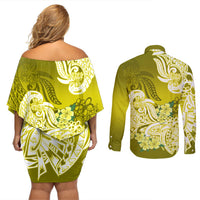Polynesian Couples Matching Off Shoulder Short Dress and Long Sleeve Button Shirts Pacific Flower Mix Floral Tribal Tattoo Yellow Vibe LT9 - Polynesian Pride