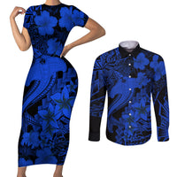 Aloha Hawaii Couples Matching Short Sleeve Bodycon Dress and Long Sleeve Button Shirts Hammerhead Shark Tattoo Polynesian Summer - Blue LT9 Blue - Polynesian Pride
