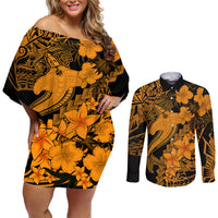 Aloha Hawaii Couples Matching Off Shoulder Short Dress and Long Sleeve Button Shirts Hammerhead Shark Tattoo Polynesian Summer - Gold LT9 Gold - Polynesian Pride