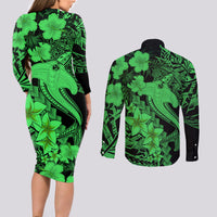 Aloha Hawaii Couples Matching Long Sleeve Bodycon Dress and Long Sleeve Button Shirts Hammerhead Shark Tattoo Polynesian Summer - Green LT9 - Polynesian Pride