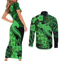 Aloha Hawaii Couples Matching Short Sleeve Bodycon Dress and Long Sleeve Button Shirts Hammerhead Shark Tattoo Polynesian Summer - Green LT9 - Polynesian Pride