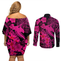 Aloha Hawaii Couples Matching Off Shoulder Short Dress and Long Sleeve Button Shirts Hammerhead Shark Tattoo Polynesian Summer - Pink LT9 - Polynesian Pride