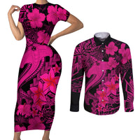 Aloha Hawaii Couples Matching Short Sleeve Bodycon Dress and Long Sleeve Button Shirts Hammerhead Shark Tattoo Polynesian Summer - Pink LT9 Pink - Polynesian Pride