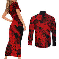 Aloha Hawaii Couples Matching Short Sleeve Bodycon Dress and Long Sleeve Button Shirts Hammerhead Shark Tattoo Polynesian Summer - Red LT9 - Polynesian Pride