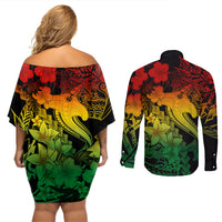Aloha Hawaii Couples Matching Off Shoulder Short Dress and Long Sleeve Button Shirts Hammerhead Shark Tattoo Polynesian Summer - Reggae LT9 - Polynesian Pride
