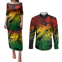 Aloha Hawaii Couples Matching Puletasi Dress and Long Sleeve Button Shirts Hammerhead Shark Tattoo Polynesian Summer - Reggae LT9 Reggae - Polynesian Pride