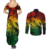 Aloha Hawaii Couples Matching Summer Maxi Dress and Long Sleeve Button Shirts Hammerhead Shark Tattoo Polynesian Summer - Reggae LT9 - Polynesian Pride