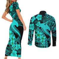 Aloha Hawaii Couples Matching Short Sleeve Bodycon Dress and Long Sleeve Button Shirts Hammerhead Shark Tattoo Polynesian Summer - Turquoise LT9 - Polynesian Pride