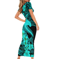 Aloha Hawaii Short Sleeve Bodycon Dress Hammerhead Shark Tattoo Polynesian Summer - Turquoise LT9 - Polynesian Pride