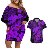 Aloha Hawaii Couples Matching Off Shoulder Short Dress and Hawaiian Shirt Hammerhead Shark Tattoo Polynesian Summer - Violet LT9 Violet - Polynesian Pride