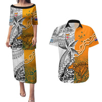 Fiji Australia Rugby Couples Matching Puletasi Dress and Hawaiian Shirt World Cup 2023 Polynesia Tapa Mixed Indigenous Aboriginal LT9 Gold - Polynesian Pride