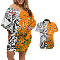 Personalised Fiji Australia Rugby Couples Matching Off Shoulder Short Dress and Hawaiian Shirt World Cup 2023 Polynesia Tapa Mixed Indigenous Aboriginal LT9 Gold - Polynesian Pride