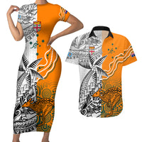 Personalised Fiji Australia Rugby Couples Matching Short Sleeve Bodycon Dress and Hawaiian Shirt World Cup 2023 Polynesia Tapa Mixed Indigenous Aboriginal LT9 Gold - Polynesian Pride