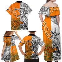 personalised-fiji-australia-rugby-family-matching-off-shoulder-maxi-dress-and-hawaiian-shirt-world-cup-2023-polynesia-tapa-mixed-indigenous-aboriginal