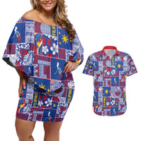 Filipino Maligayang Pasko Couples Matching Off Shoulder Short Dress and Hawaiian Shirt Pacific Patchwork Xmas Vibes - Polynesian Pride