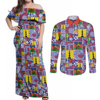 New Caledonia Joyeux Noel Couples Matching Off Shoulder Maxi Dress and Long Sleeve Button Shirt Pacific Patchwork Xmas Vibes - Polynesian Pride